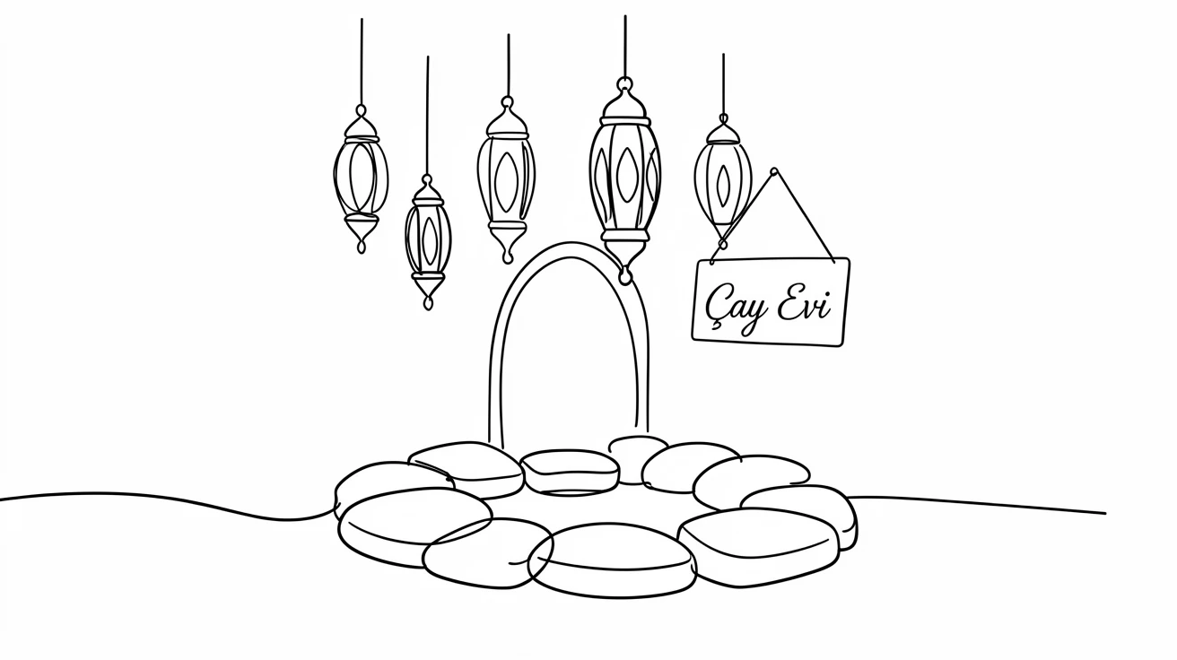 A Turkish tea house with ornate lanterns and low seating cushions