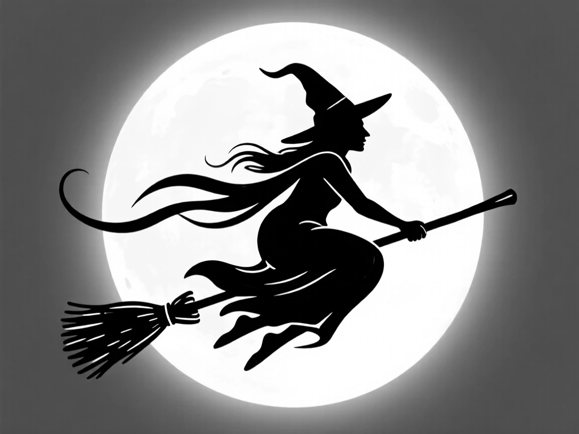 A witch flying on a broomstick silhouetted against a full moon.