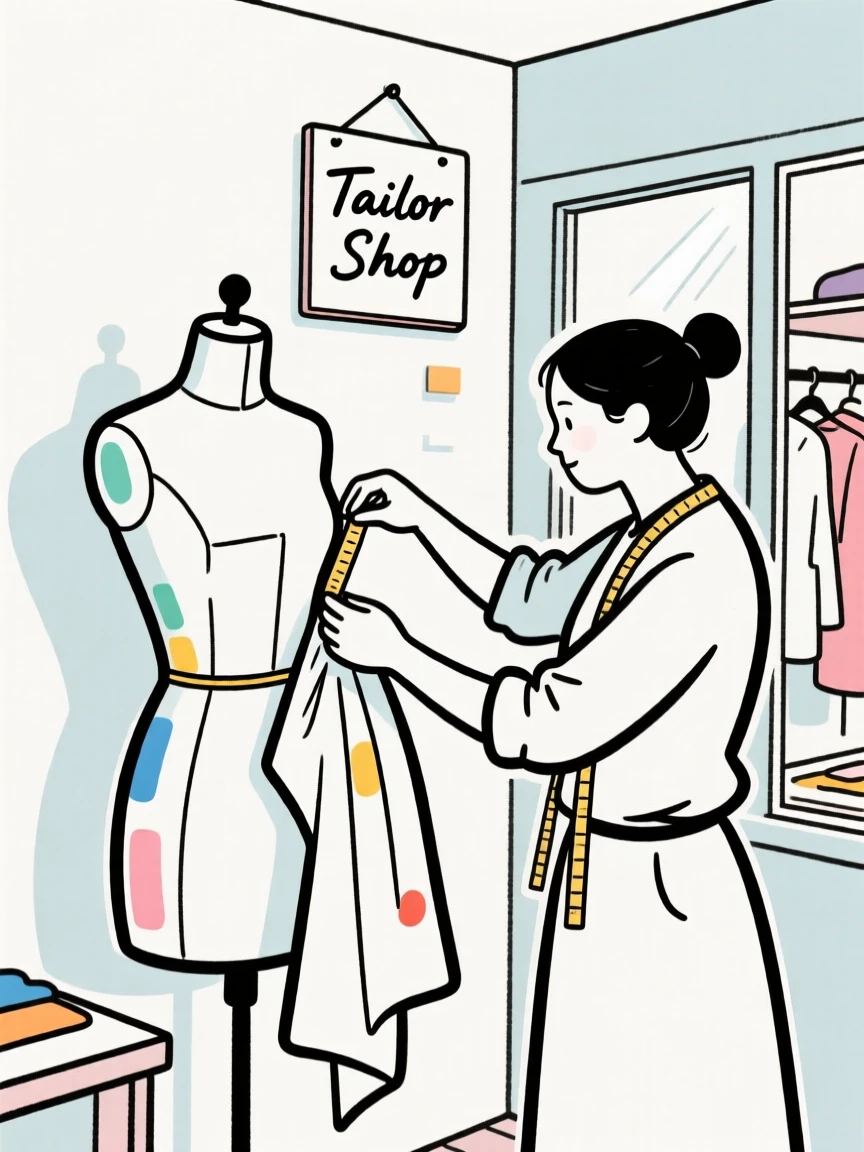 A tailor measuring fabric on a mannequin in a small shop.