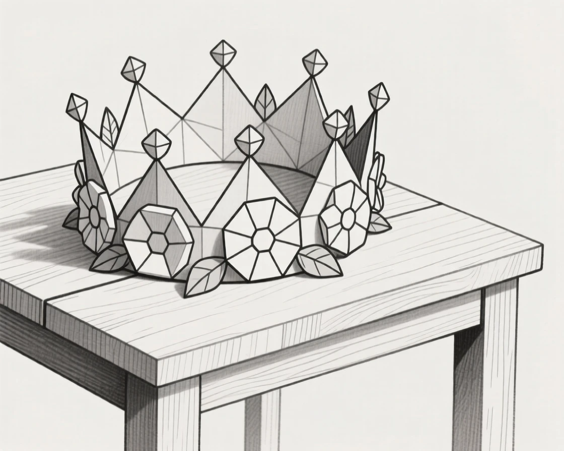 A crown of flowers resting on a wooden table