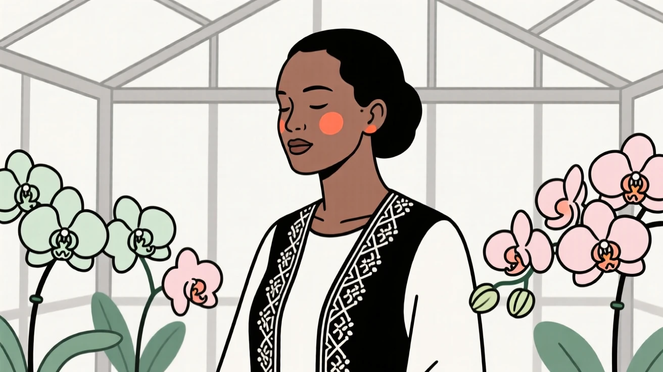A woman in her thirties of Kenyan heritage wearing a Turkish embroidered vest, looking serene and at peace, in a greenhouse full of orchids.