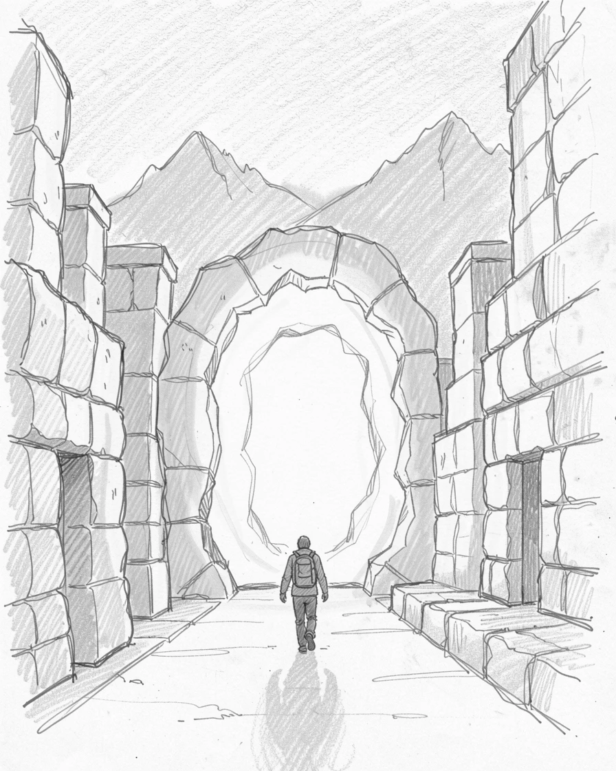 A lone wanderer walking toward a glowing portal, within a city carved from luminous stone, with distant mountains glowing violet in the twilight.