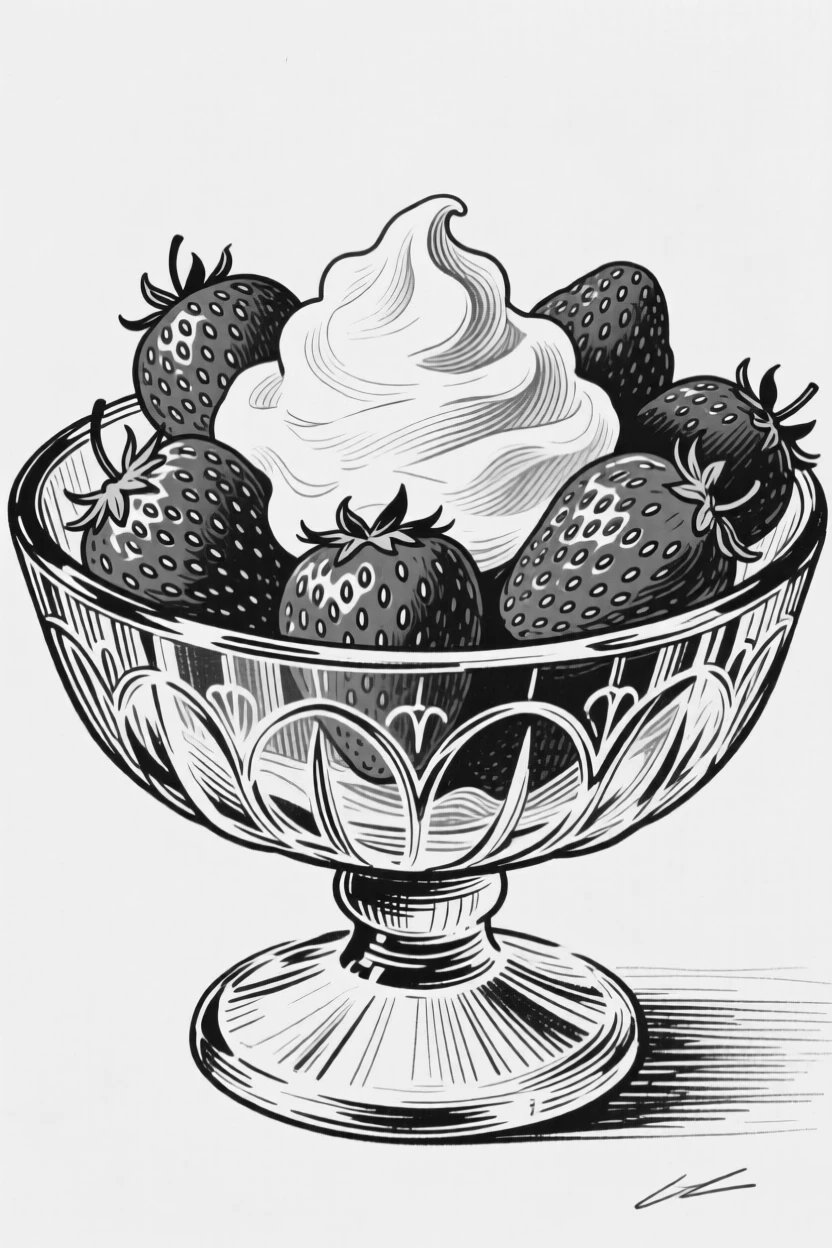 A bowl of fresh strawberries and cream served in a vintage glass dish.