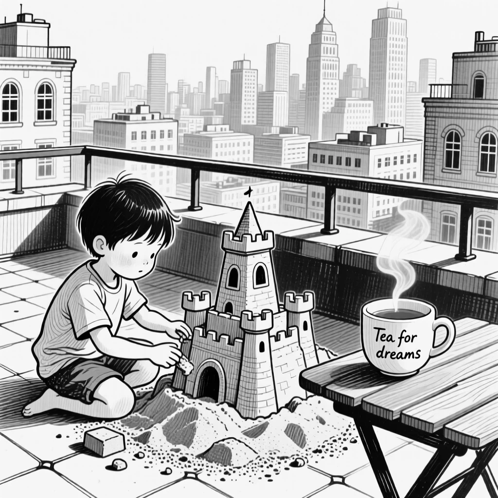 A child building a sandcastle on a rooftop overlooking the city skyline, with a cup of tea resting close by, creating a wistfully sweet lifestyle scene.