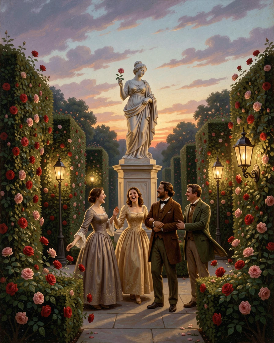 A group of friends plays among the hedges of a rose garden beneath a marble statue as lanterns are lit for evening.