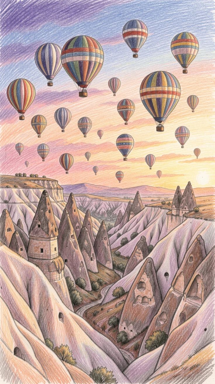 A Cappadocia valley dotted with hot air balloons at sunrise, with a gentle play of light and shadow across the composition, evoking nostalgia and a deep sense of contentment.