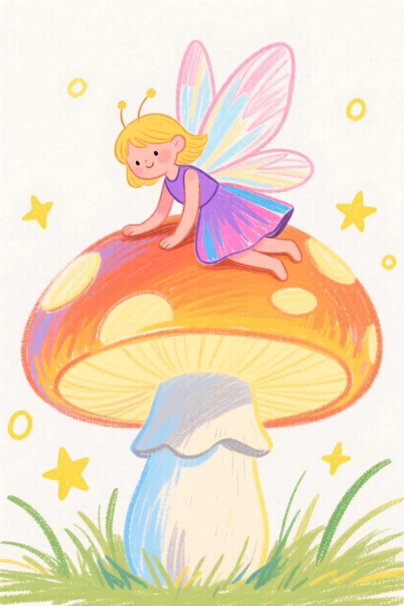 A fairy with delicate wings resting on a glowing mushroom.