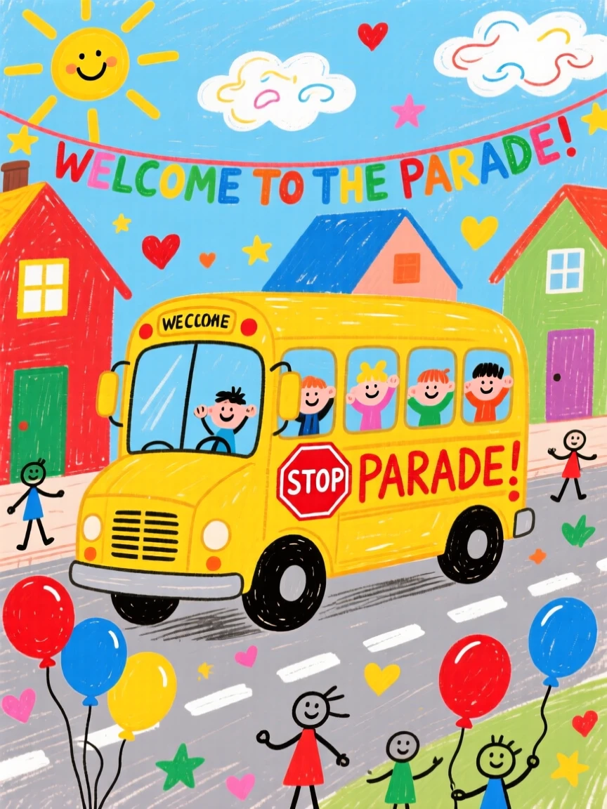 A big yellow school bus rolling through a small town parade.