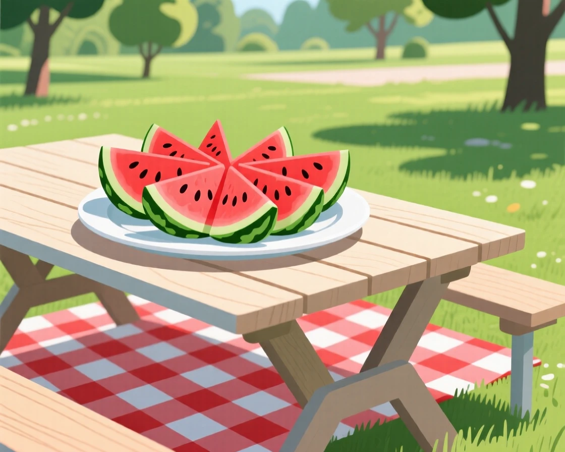 A colorful platter of sliced watermelon on a summer picnic table, arranged on a picnic blanket in a park, arranged with elegant simplicity and clean lines, with a joyful, celebratory feel.