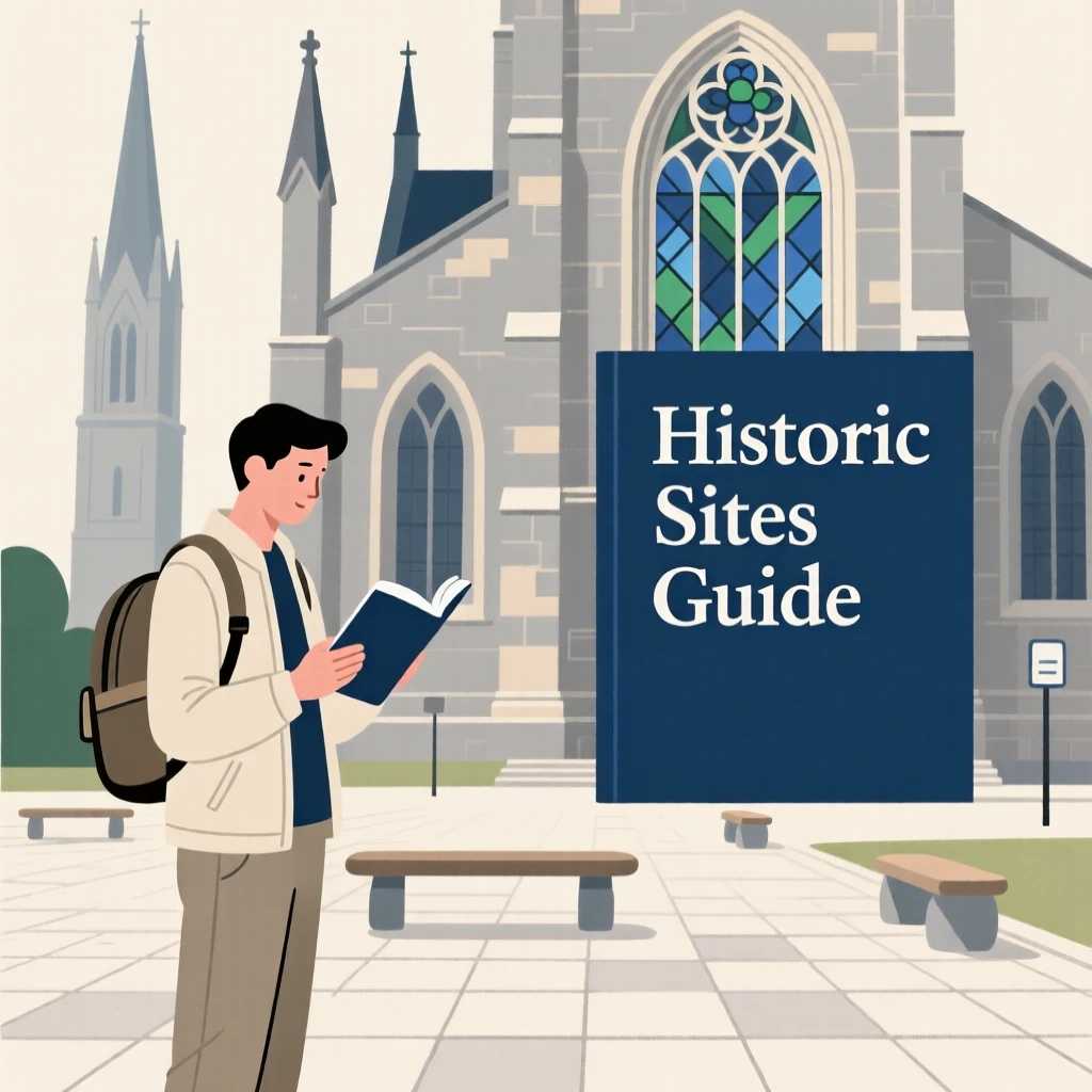 A traveler reading a guidebook near a historic cathedral.