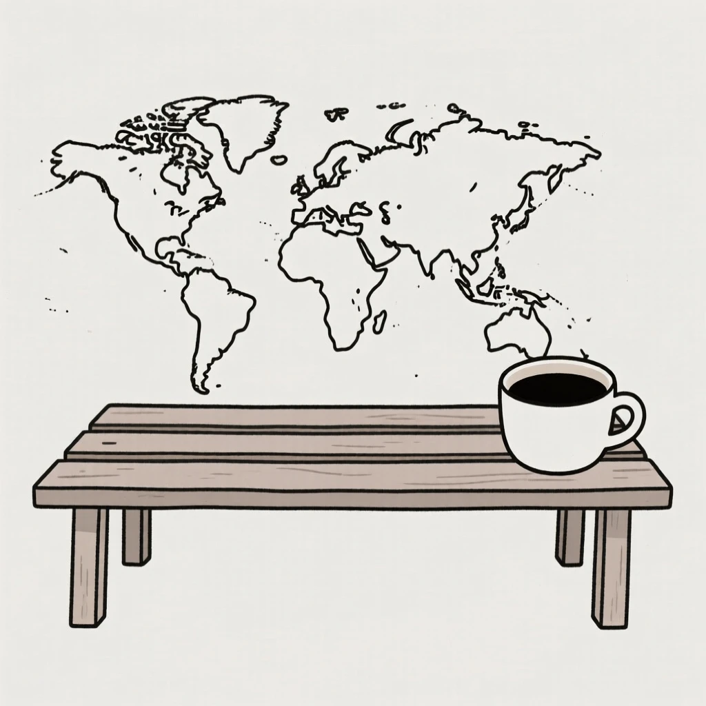 A hand-drawn world map resting on a garden bench, surrounded by a cup of coffee, evoking gentle sentimentality.