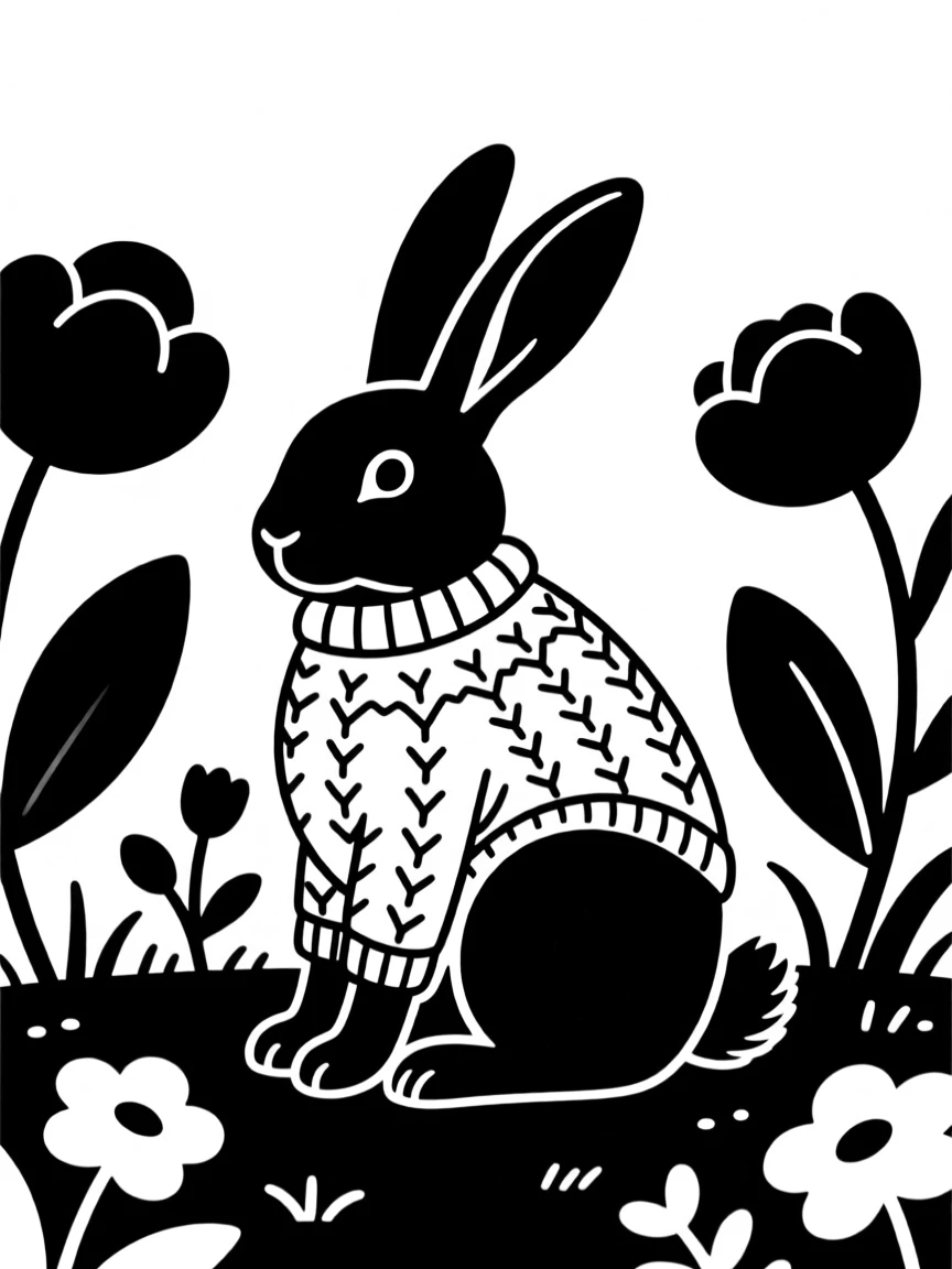 A rabbit in a garden wearing a tiny knitted sweater.
