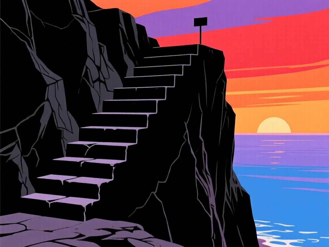 A steep staircase of stone steps carved into a cliffside, leading down to the sea.