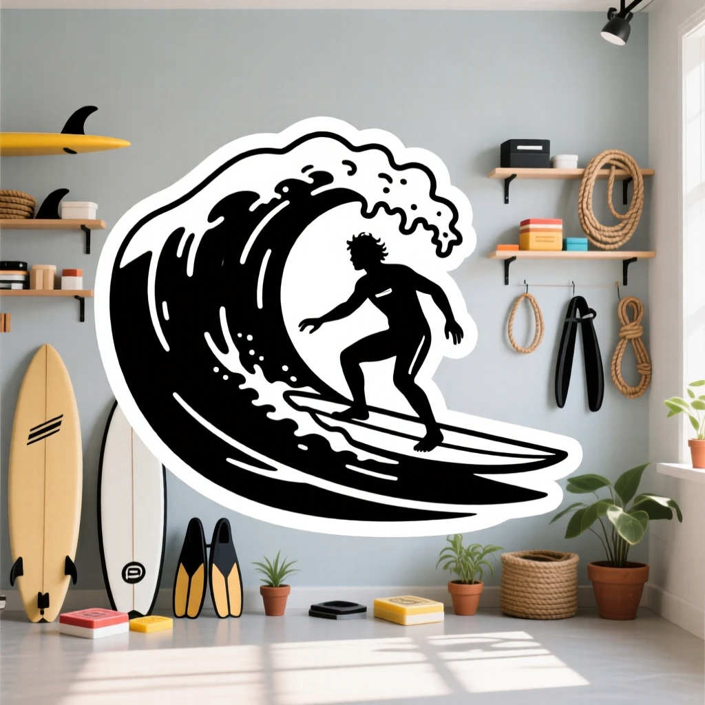 A quietly passionate surfer riding a big ocean wave, surrounded by their favorite gear, in a sunlit studio filled with supplies.