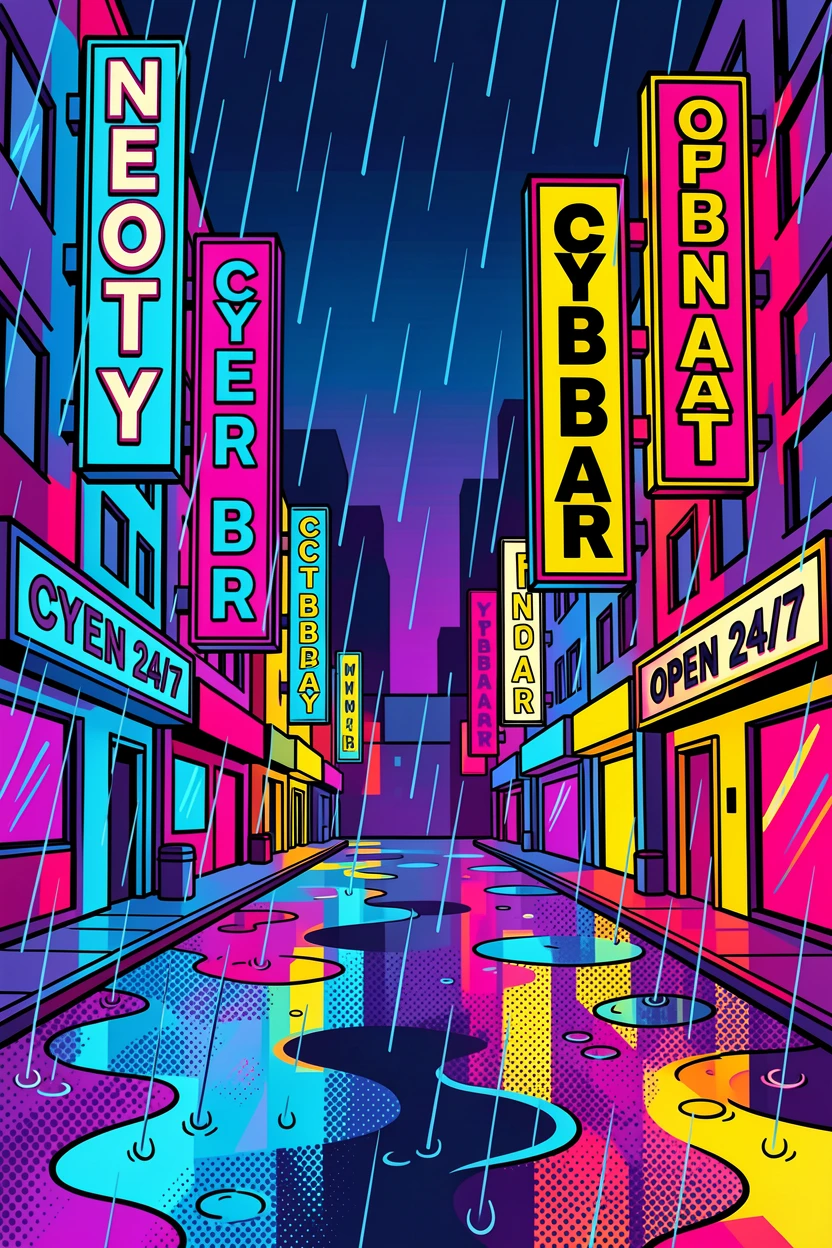 A rain-soaked cyberpunk street lit with illuminated signs