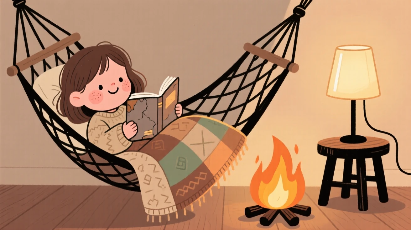 A little girl curls up in a hammock by the fire beside a softly glowing lamp, wrapped in a knitted quilt while reading a worn paperback.