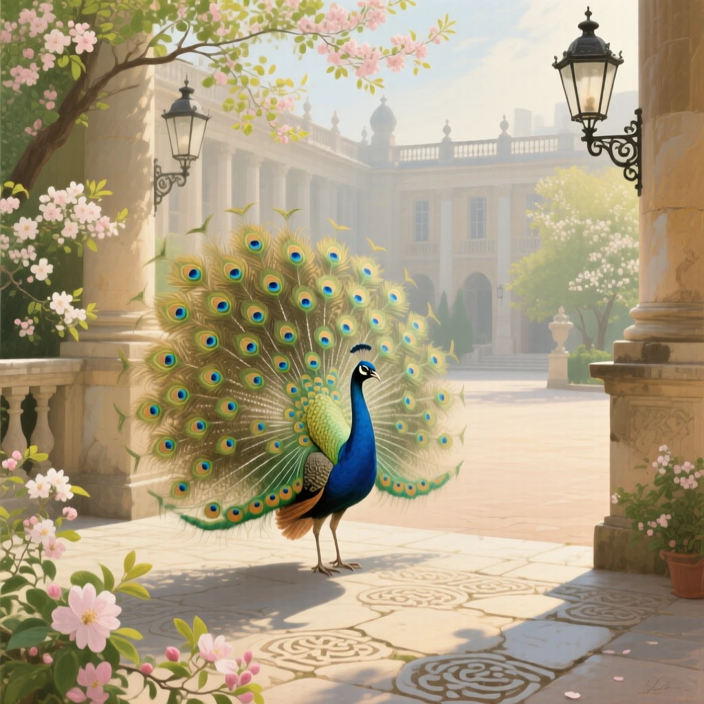 A grand panoramic scene of a peacock displaying its feathers in a sunlit palace courtyard, in early spring, at midday.