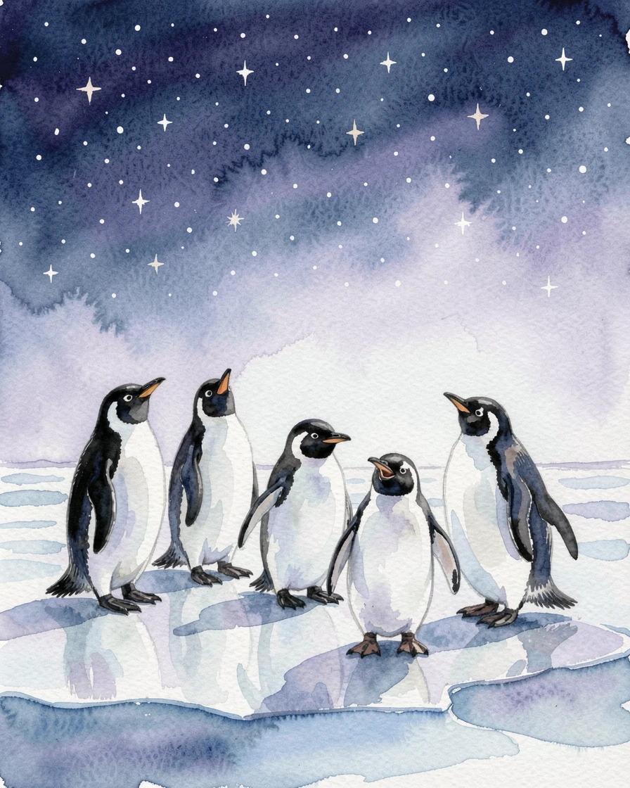 A group of penguins on ice beneath a starry sky mid-yawn and stretching.