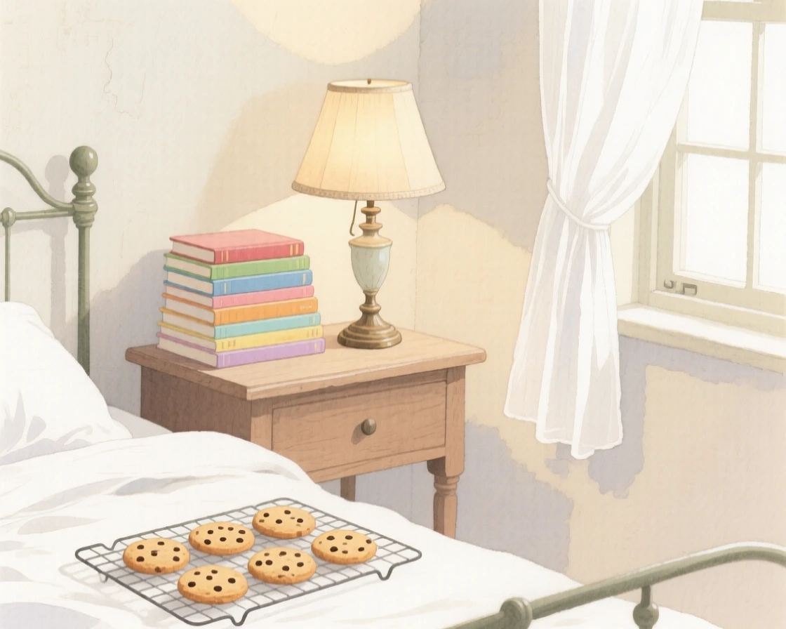 A charming view of a countryside bedroom, with a stack of books piled beside a lamp, featuring a tray of cookies cooling on a rack