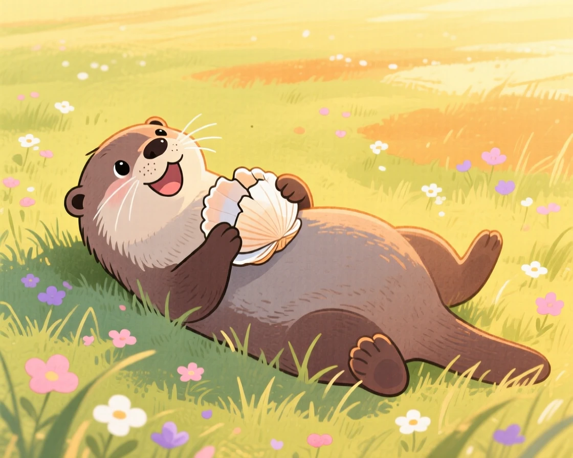 A playful otter cracking a shell on its belly playing joyfully in a sunlit meadow at the golden hour.