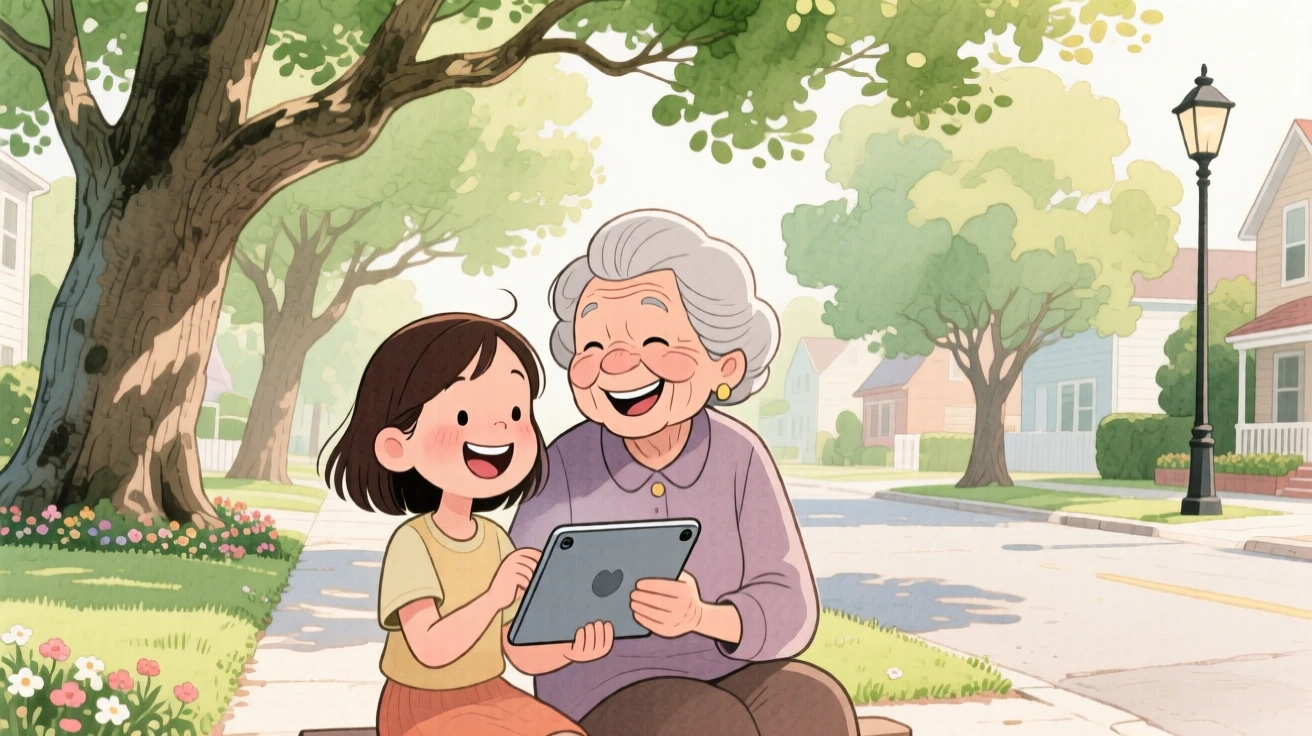 A young girl teaching her grandmother how to use a tablet, both laughing together, on a quiet street lined with old oak trees, radiating kindness, hope, and heartfelt emotion.