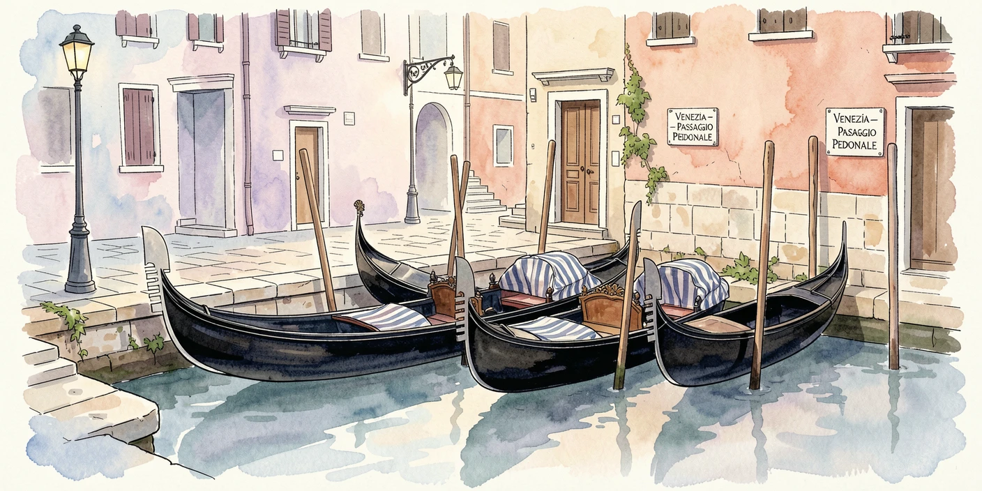 A row of gondolas resting along a quiet Venetian canal at dawn, the streets quiet in the soft light of early morning.