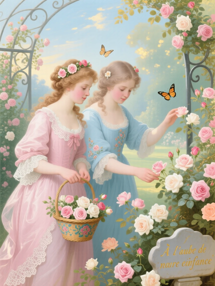Two sisters picking roses together in an early morning garden  