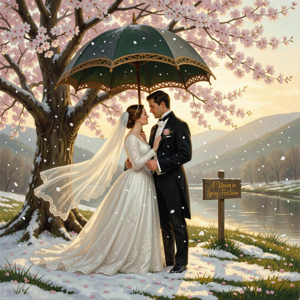 A bride and groom share an umbrella beneath a blossoming cherry tree as snow begins to fall gently.