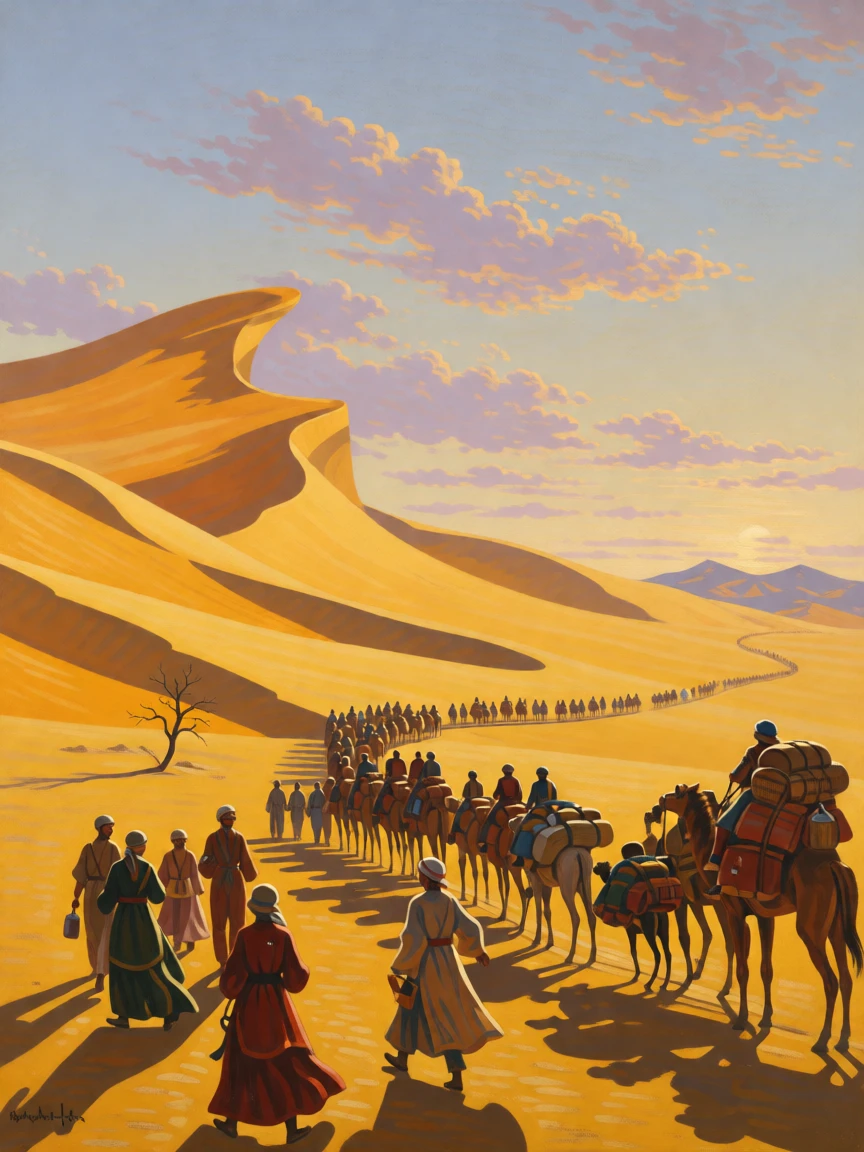 A caravan of travelers crosses a golden desert beneath towering dunes.