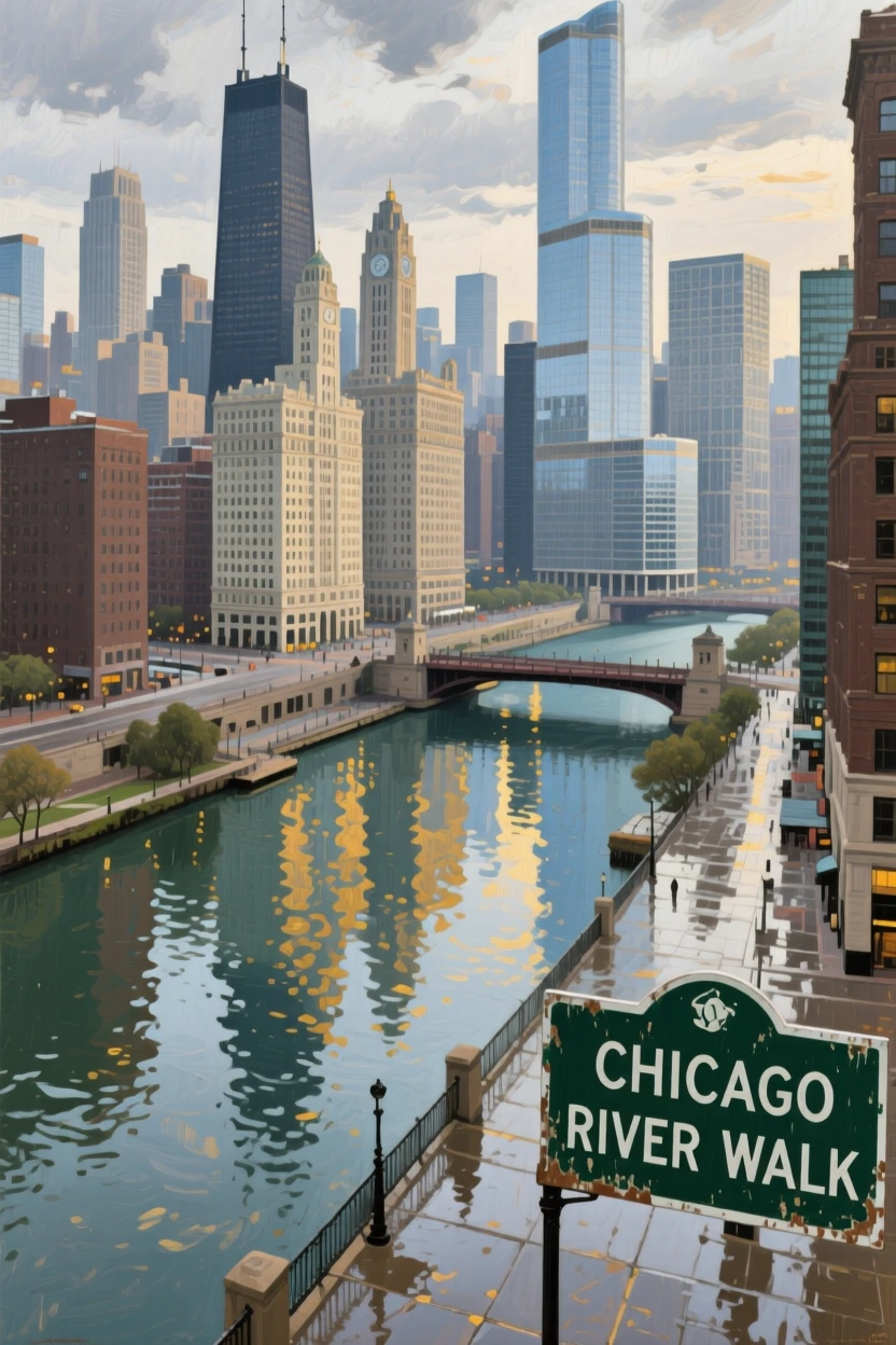 A dramatic aerial view of Chicago's skyline reflected in the river below, as reflections shimmer across nearby water or wet pavement, offering a striking, postcard-worthy view of an iconic destination