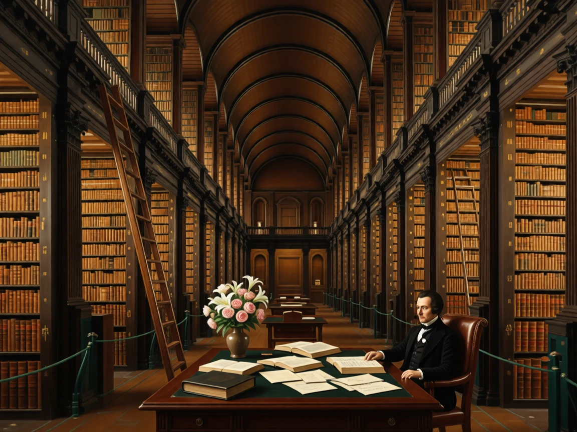 An opulent library with towering shelves and a rolling ladder standing empty in the golden hush of late afternoon, set inside a centuries-old cathedral of quiet reverence, with fresh flowers, open books, and half-finished correspondence scattered about; a lone figure or object provides scale against the soaring architecture, radiating history, refinement, and permanence.