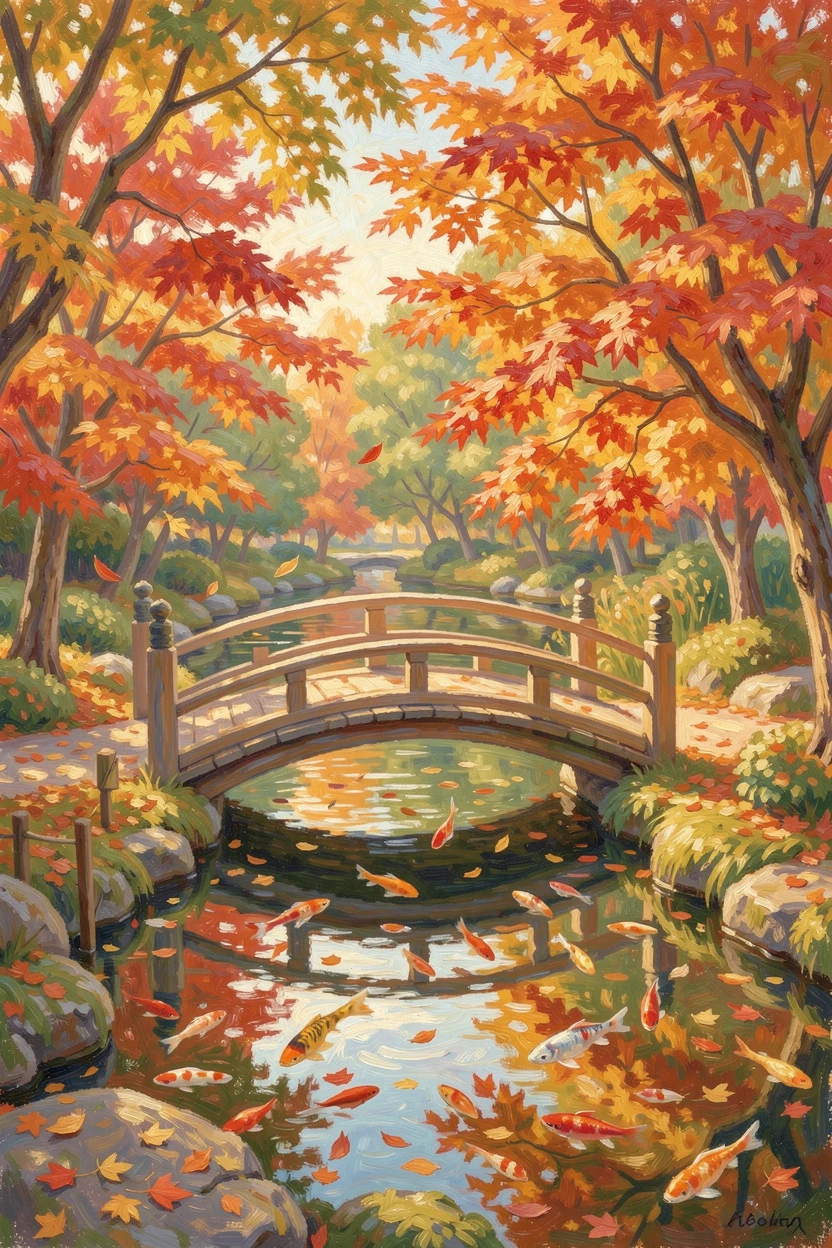 A tranquil Japanese garden with a curved wooden bridge over a koi pond, maple trees ablaze in autumn color, as autumn leaves begin to fall, filled with a cozy, comforting atmosphere.