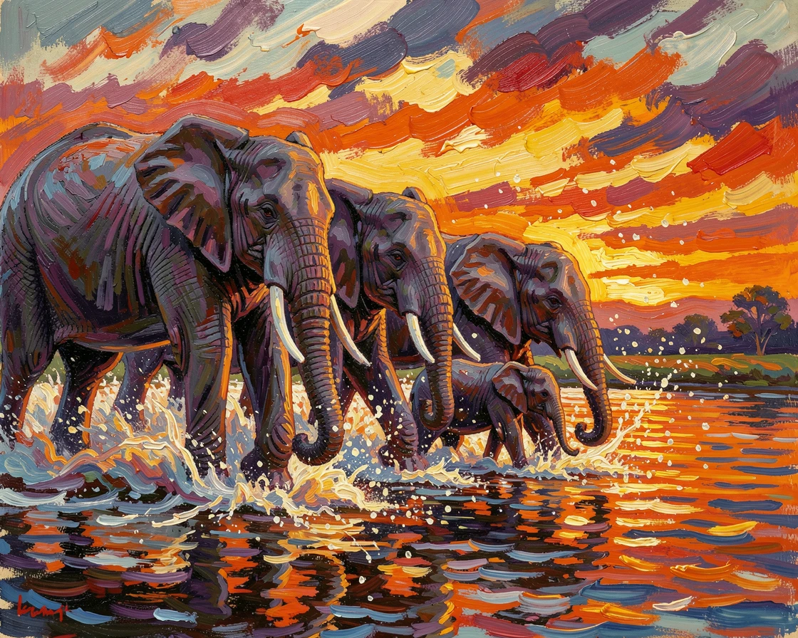 A family of elephants crossing a shallow river at sunset, spray catching the light.