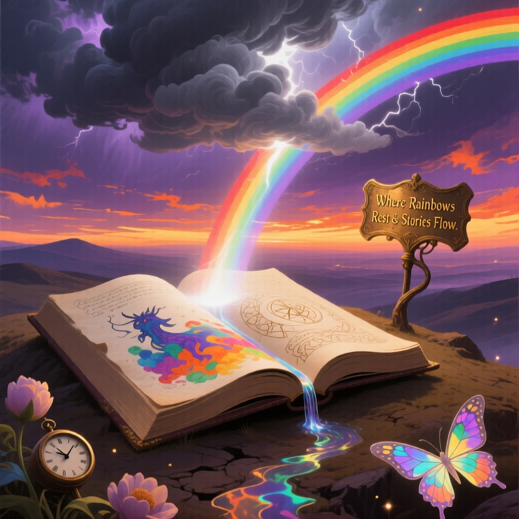 A rainbow that arcs directly into the open pages of a book moves slowly across a horizon streaked with fading light, as soft light breaks unexpectedly through heavy clouds.