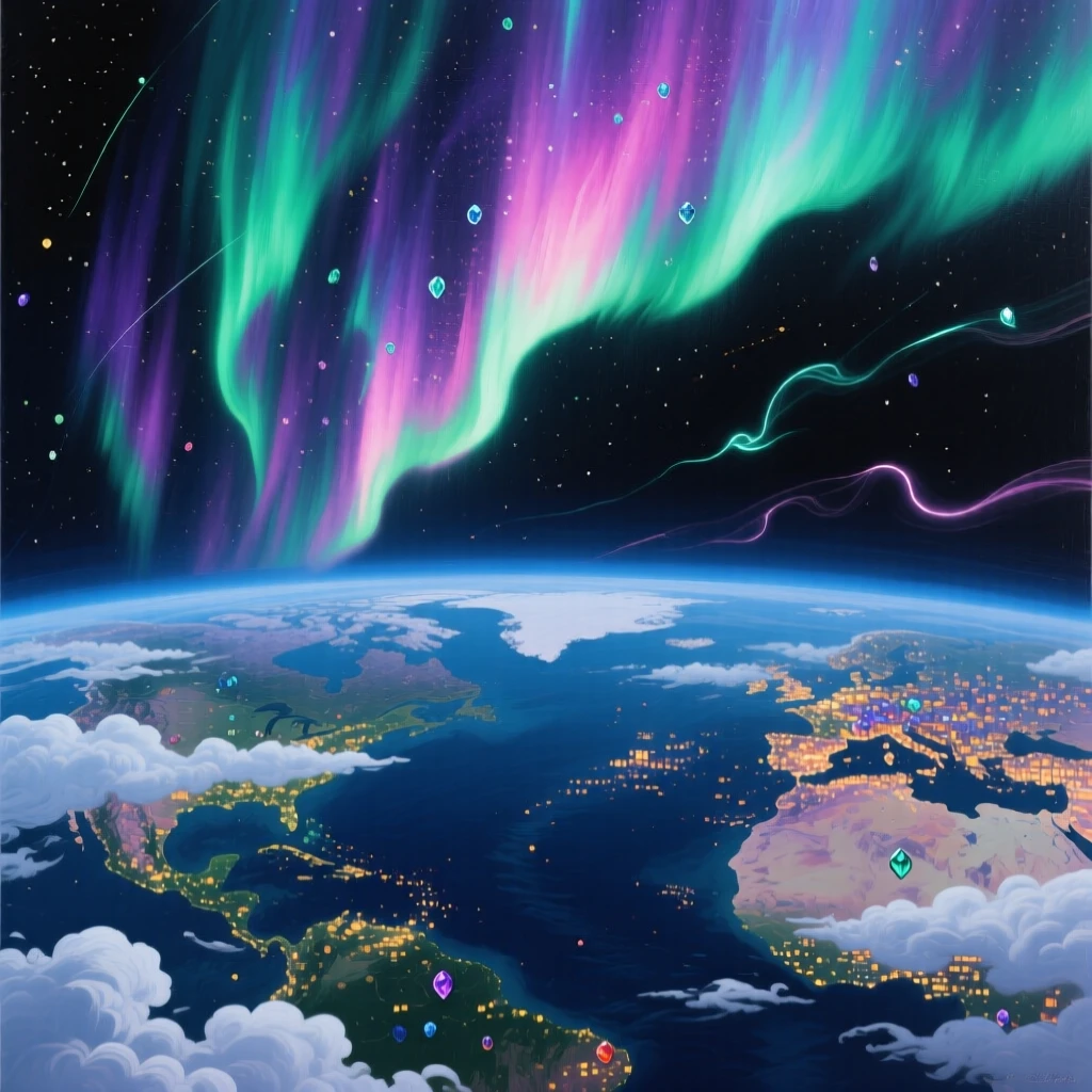 A colorful aurora dances above Earth as seen from orbit, city lights twinkling below through gaps in swirling white clouds, faint traces of light or energy drifting through the air to heighten the sense of magic.