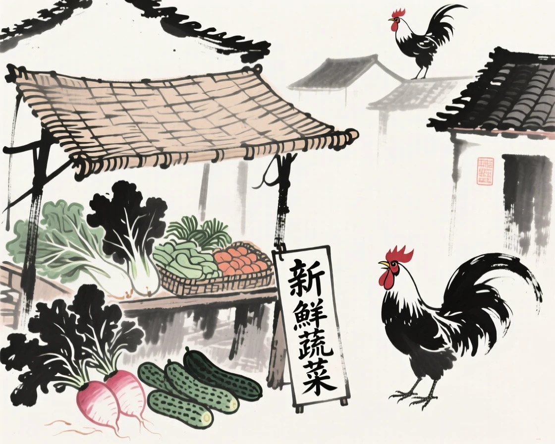 A market stall overflows with fresh vegetables beneath a woven awning, as roosters call from nearby rooftops.