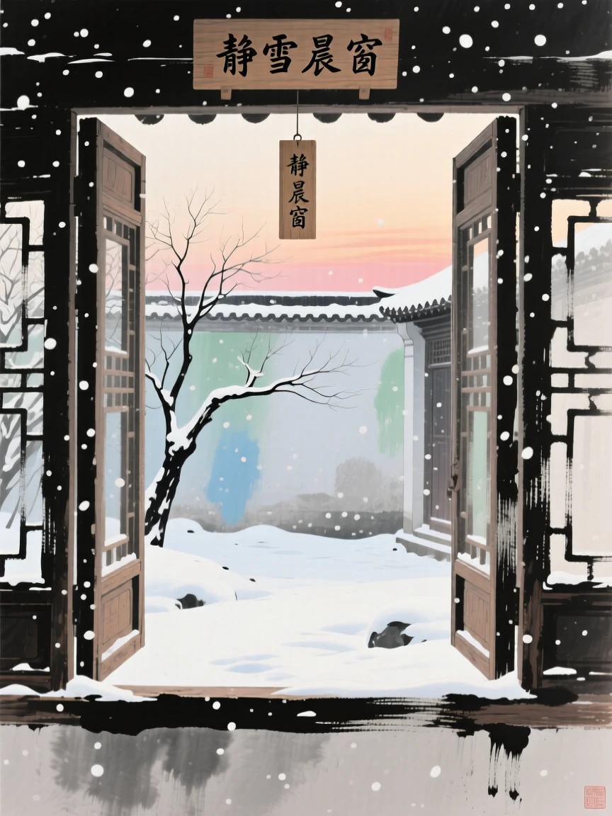 A solitary window open to a courtyard filled with falling snow, at dawn, radiating gentle serenity, beneath softly falling snow.