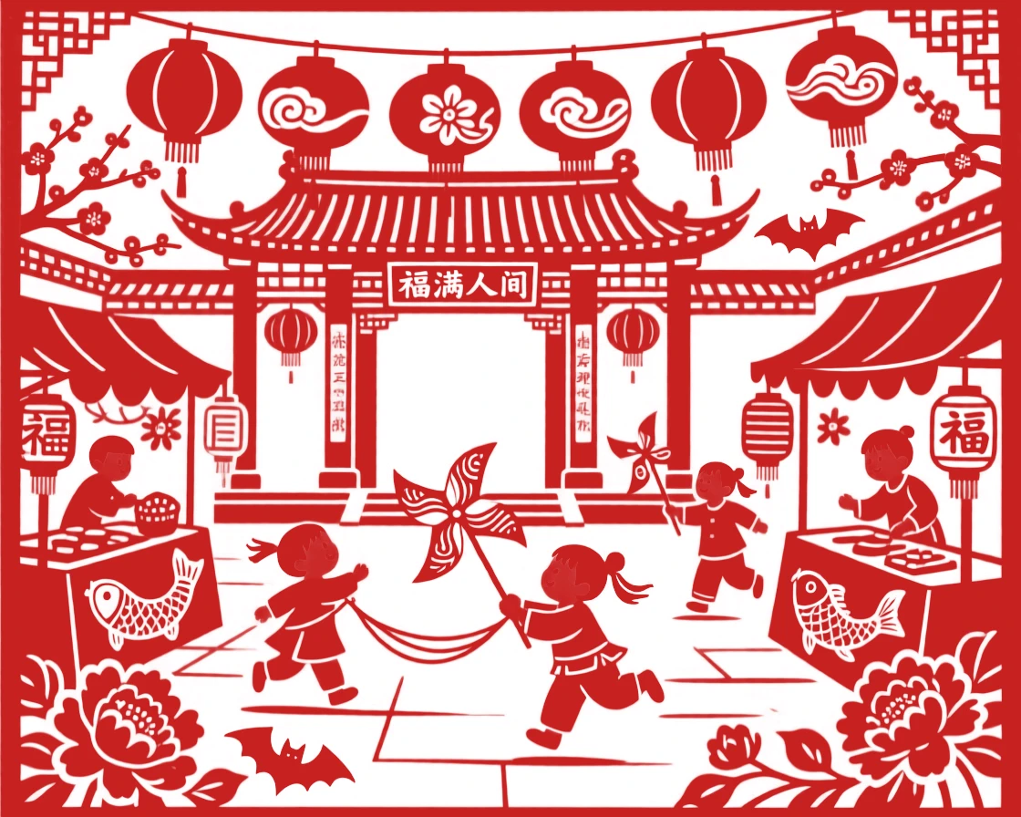 A scene of a temple courtyard at festival time, where children weave between stalls chasing paper windmills, with red lanterns swaying gently overhead.