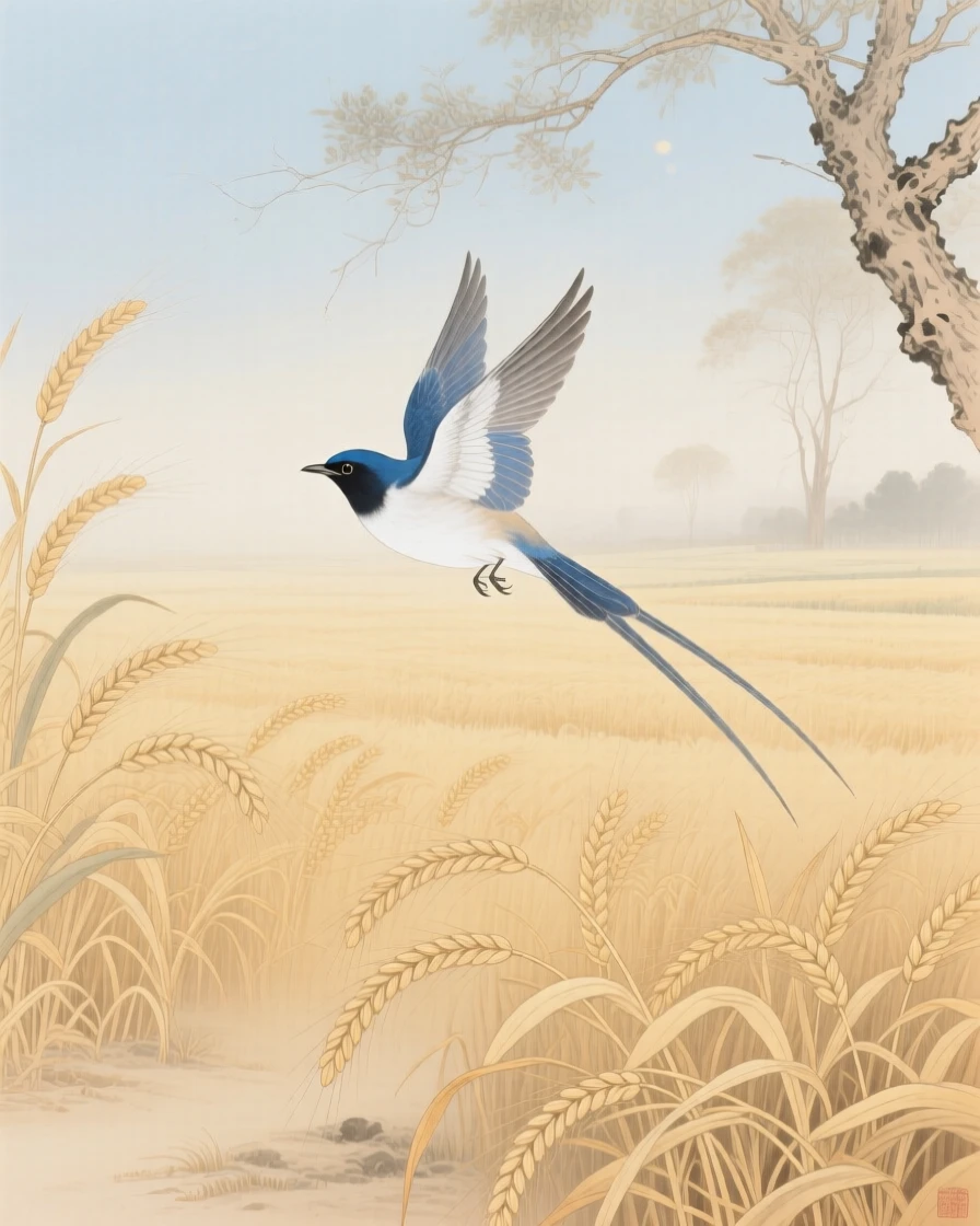 A paradise flycatcher gliding low over a field of golden wheat, soft morning light filtering through the branches