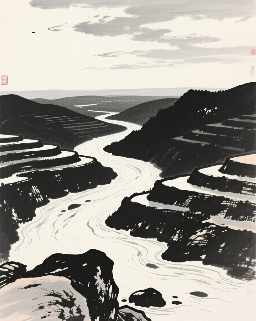 A winding river cutting through a deep, terraced valley under a wide open sky scattered with drifting clouds, framed low, with the foreground rocks leading the eye toward the distance, capturing a fleeting, serene moment suspended in time.
