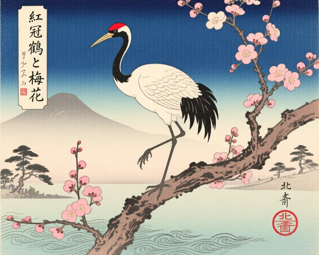 A red-crowned crane gathered on a blossoming plum branch.