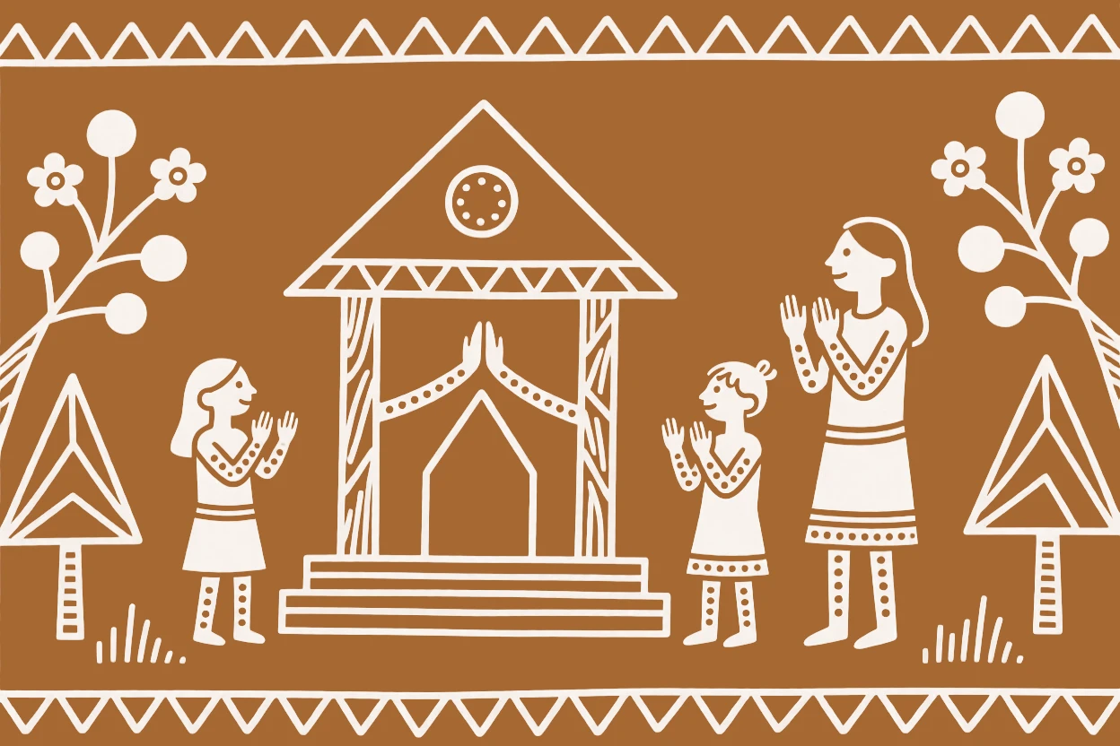 A family of worshippers at a small forest shrine.