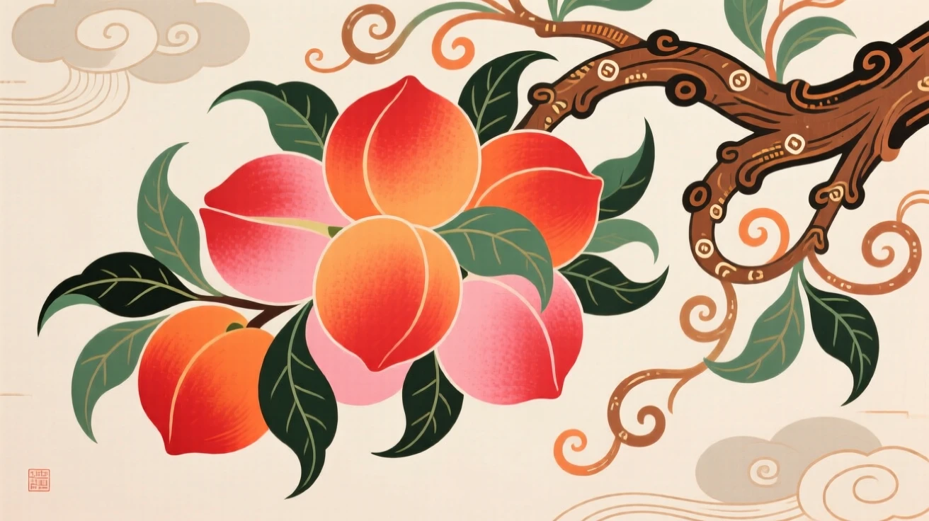 A cluster of ripe peaches on a branch, symbolizing longevity and good health.