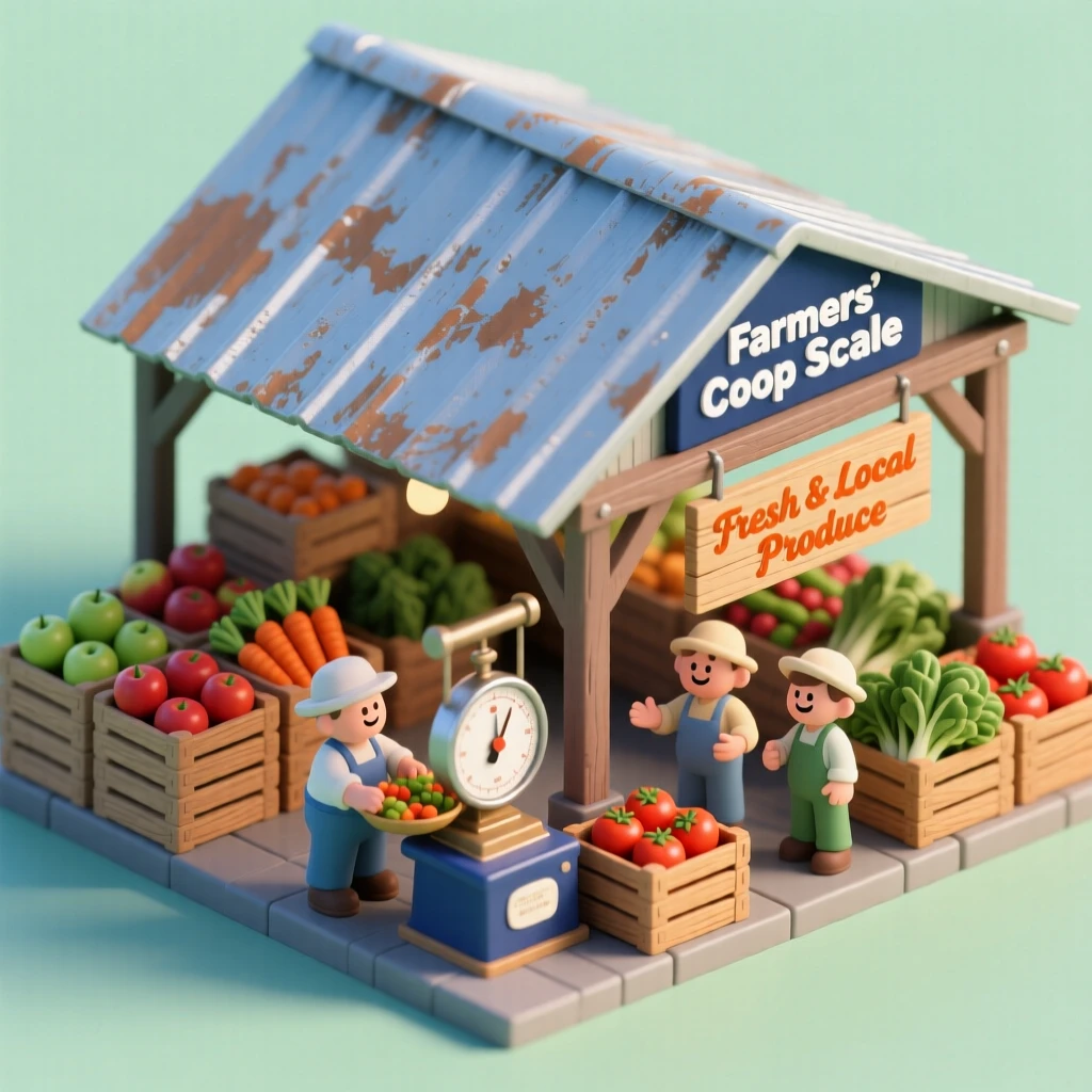 A bustling farmers cooperative with fresh produce being weighed, farmers chatting, and crates stacked high beneath a tin roof.