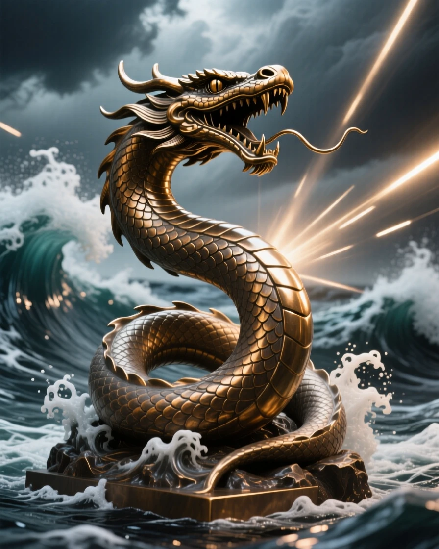 A sea serpent breaching stormy waves, surrounded by radiant beams of light, radiating awe and grandeur