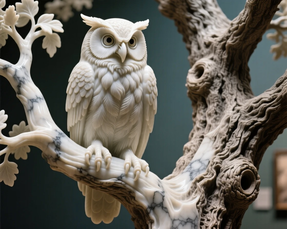 An evocative depiction of a wise old owl perched in an ancient oak, surrounded by soft, glowing light, balancing detail with emotional depth