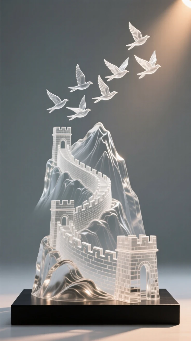 A fortress wall winding along the ridge of a distant mountain while a flock of birds wheels above the surrounding rooftops