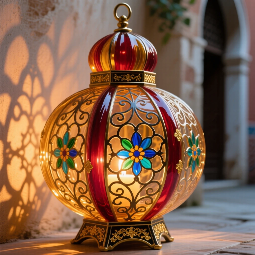 A traditional Moroccan lantern casting intricate shadows on a courtyard wall, warm and mesmerizing.