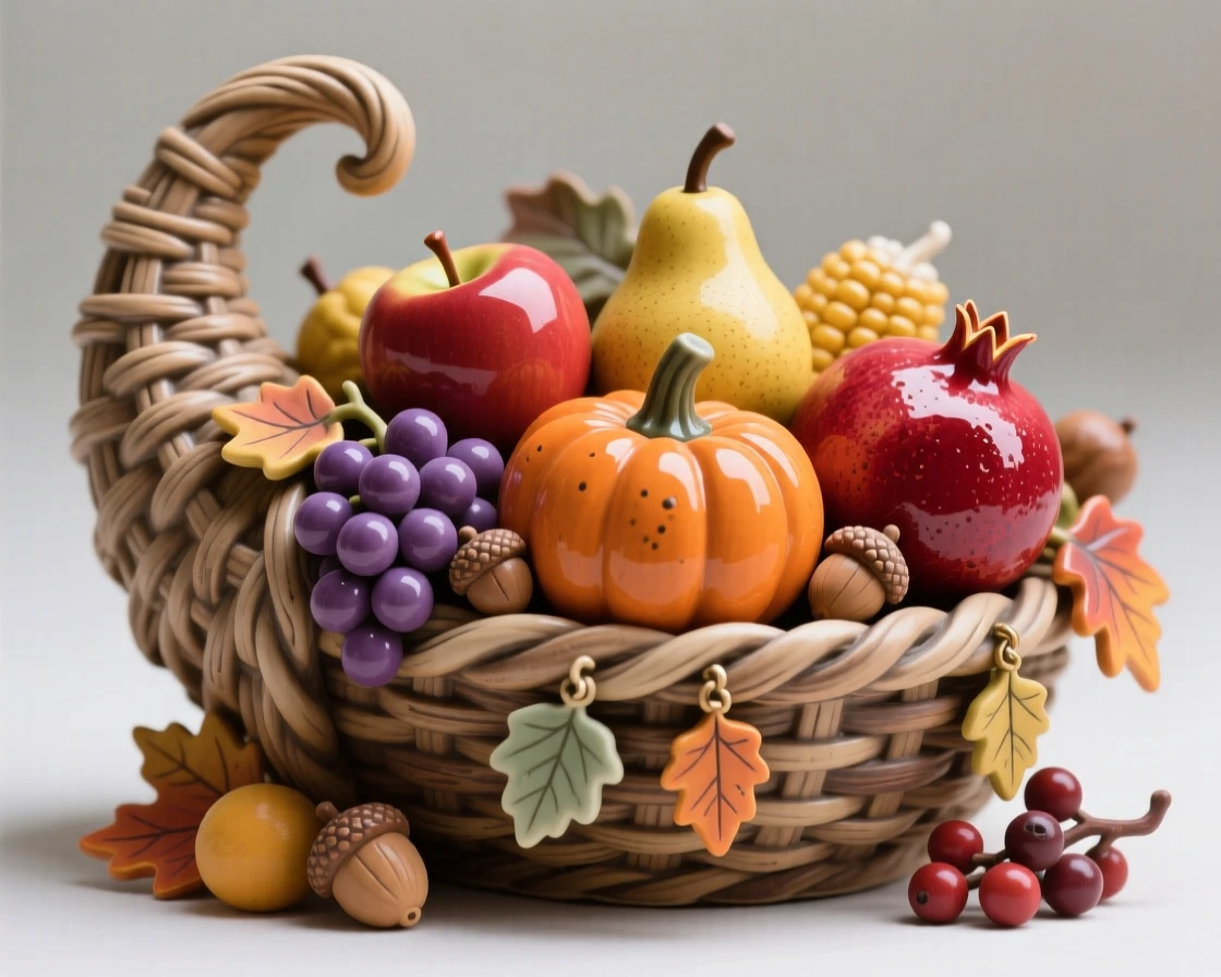 A harvest cornucopia spilling over with fruit caught in a moment of seasonal cheer, decorated with small festive charms, evoking festive joy and warm togetherness.