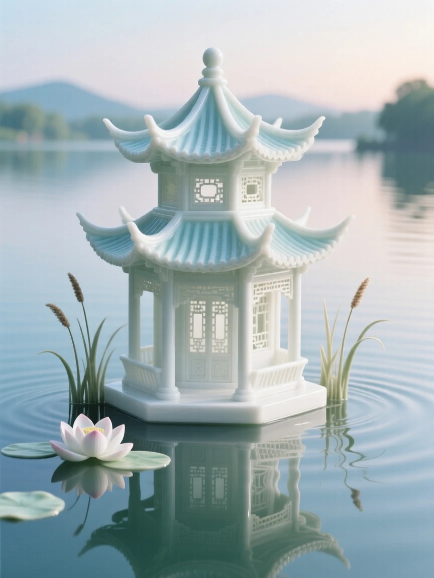 A serene lakeside pagoda nestled in a tranquil reflecting lake, bathed in the soft light of dawn.